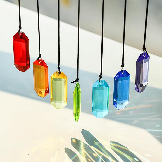 HDCRYSTALGIFTS 7pcs Crystal Suncatcher Prisms 3'' Window Hanging Ornament Rainbow Glass Prism Sun Catcher Decor for Home Garden