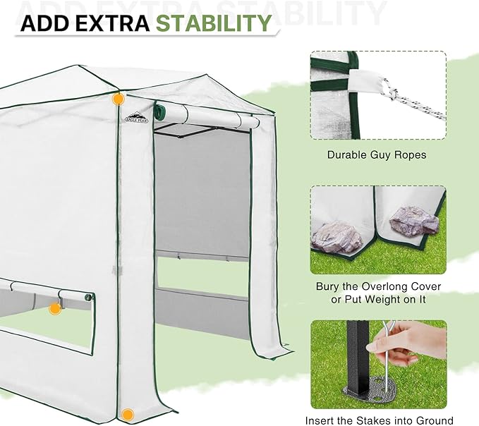EAGLE PEAK 8x6 Portable Walk-in Greenhouse, Pop-up Indoor Outdoor Garden Green House, Zippered Doors and Windows, Heavy Duty Woven PE Top, White
