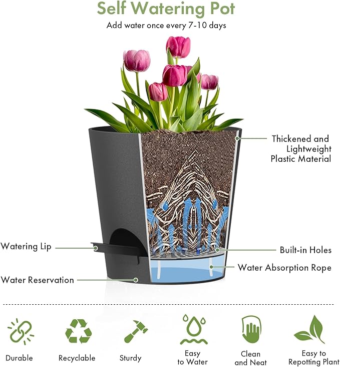 7/6.5/6/5.5/5/4 inch Self Watering Pots for Indoor Outdoor Plants, 6 Pack Plastic Flower Planters with Drainage Holes and Removable Saucers, Plant Pots with Wicking Rope, Modern Decor, Black