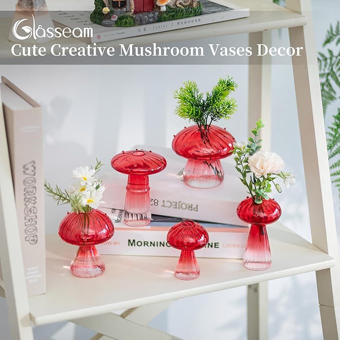 Glasseam Mushroom Plant Propagation Stations: Red Glass Terrarium Jar Set of 10 Cute Planters for Indoor Plants Mini Propagate Station Unique Christmas Birthday Gifts for Women Home Office Decor