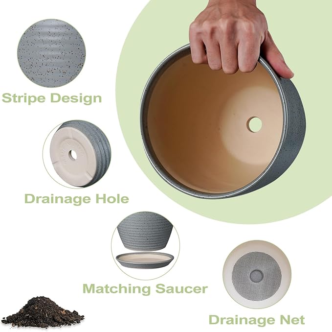 12 Inch Plant Pot, Ceramic Planter Pot with Drainage Hole and Saucer Round Large Flower Pot for Indoor Plants, Light Gray