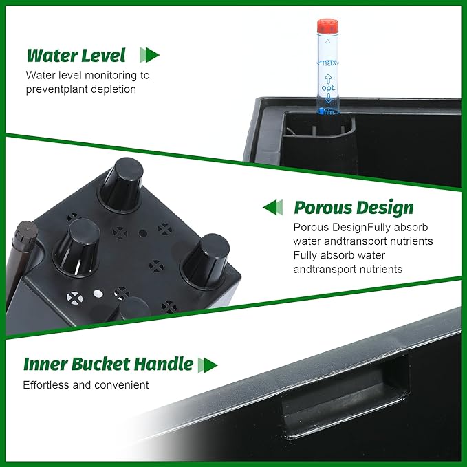 16" Tall Planters Set of 2, Outdoor＆Indoor Black Planter Pots, High Front Porch Planter Pots with Drainage Holes＆Water Level Monitor＆Inner Bucket, Automatic Watering,Black