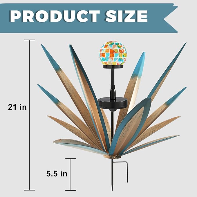 Enlarge Metal Plants Tequila Rustic Sculpture, Outdoor Patio Yard, Home Decor Hand Painted Agave Garden Statue, Outdoor Lawn Ornaments Yard Stakes for Mom Gift (1 Solar Blue)