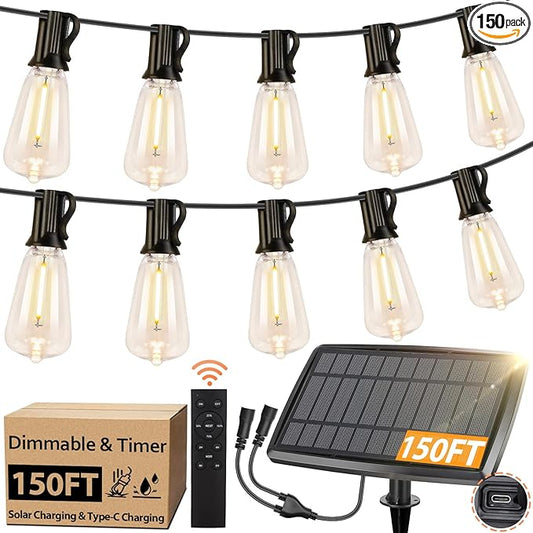 150FT Solar String Lights for Outside, Solar Powered Patio Lights with 52 Shatterproof ST38 Edison Bulbs & Remote Control,Dimmable LED Solar String Lights for Outside Waterproof