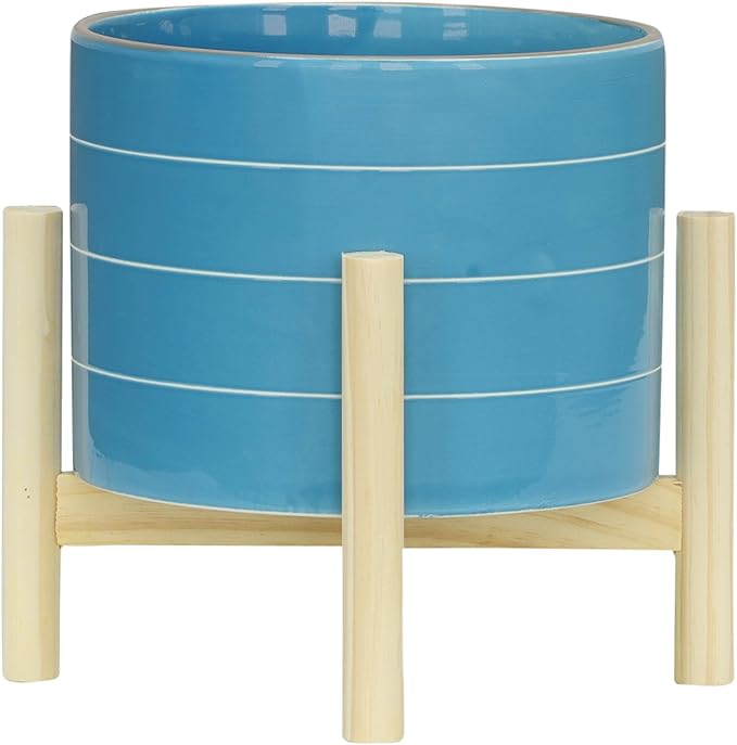 8" Ceramic Planter on Wooden Bamboo Stand - Contemporary Blue While Striped Design For Indoor or Outdoor Plants, Succulents, Cactus
