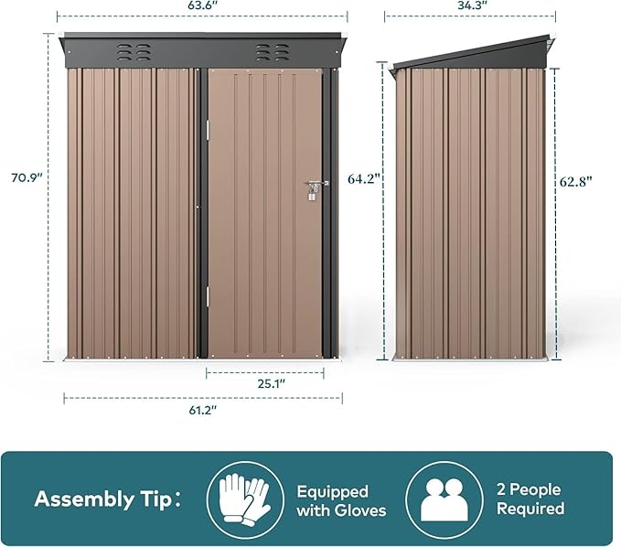 Gizoon 5' x 3' Outdoor Storage Shed with Singe Lockable Door,Galvanized Metal Shed with Air Vent Suitable for The Garden,Tiny House Storage Sheds Outdoor for Backyard Patio Lawn-Brown