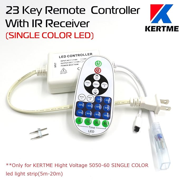 5050-60 Type AC 110-120V White LED Strip Lights, Flexible/Waterproof/Dimmable/Multi-Modes LED Rope Light + 23 Keys Remote for Home/Garden/Building Decoration (65.6ft/20m, White 6000K)