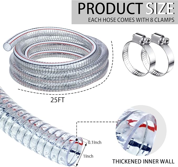 Frienda Heavy Duty Steel Wire Flexible Tubing with Fasteners PVC High Pressure Drain Hose Tube Pond Tubing Clear Wire Reinforced for Pond Bilge Pump Vacuum Suction Hose(24.6 Ft, 1 Inch Id)