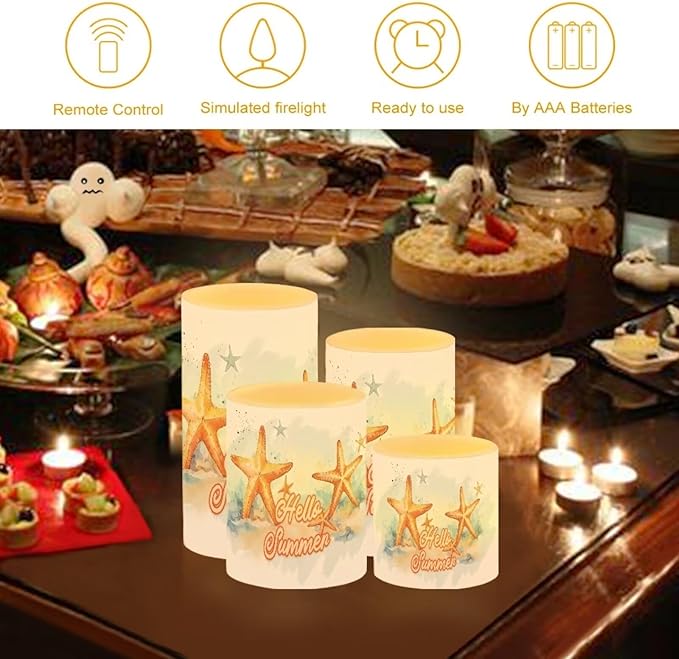 Flameless LED Candles Electric Candles with Remote Timer Control Color Changing Long Lasting Tealights Fake Candles Set of 4, Beach Themed Home Decoration, Starfish Hello Summer