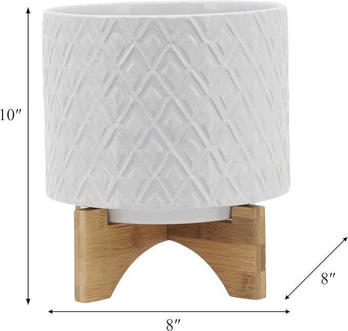 8" Ceramic Planter Stand, White Diamond Design with Wooden Base, Indoor/Outdoor Planter with Stand for Your Succulents and Small Plants