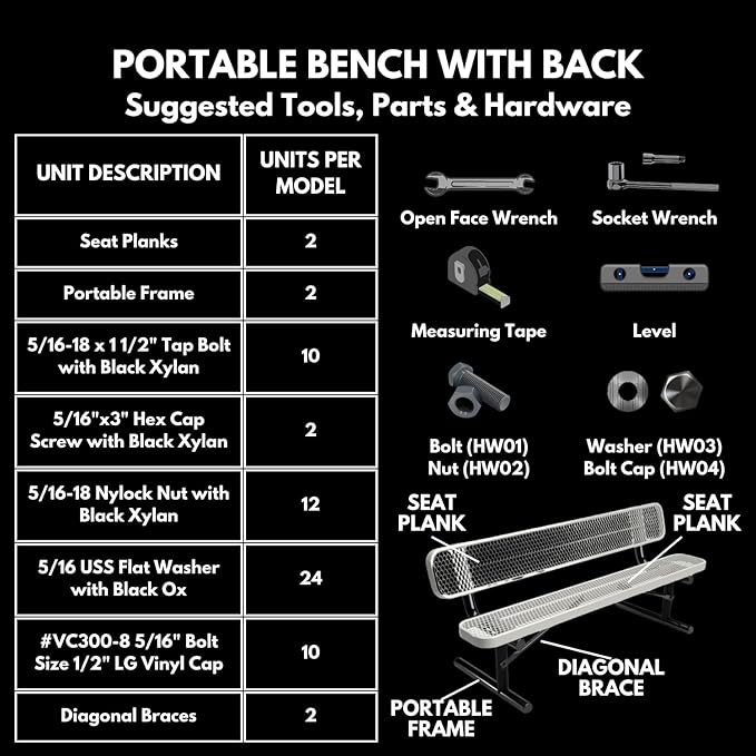 Heavy-Duty Portable Outdoor Bench Thermoplastic Coated, Expanded Metal, Commercial-Grade Seating, Made in America (Portable with Back, 8 Ft, Dark Green)