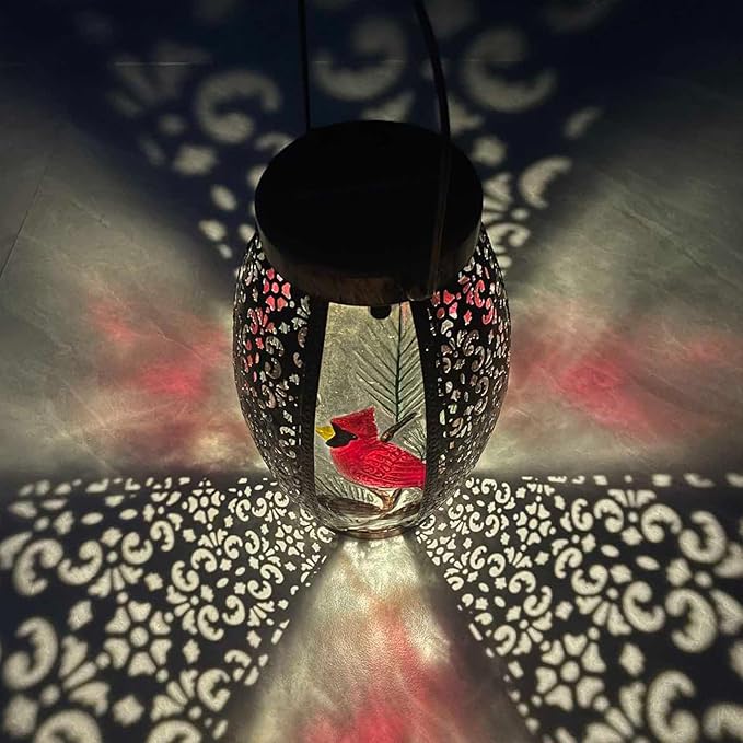 2PCS Cardinal Solar Lanterns Glass & Metal Hanging Light Outdoor Waterproof 16" H Tabletop Lamp with Hollowed-Out Design with Shepherd's Hooks for Garden Patio Table Decor