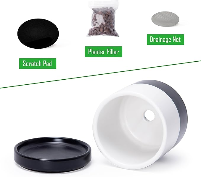 D'vine Dev 3.5 Inch Ceramic Planter Pot with Drainage Hole and Saucer, Indoor Cylinder Round Planter Pot, Layered Monochrome Black & White, 94-O-A-L