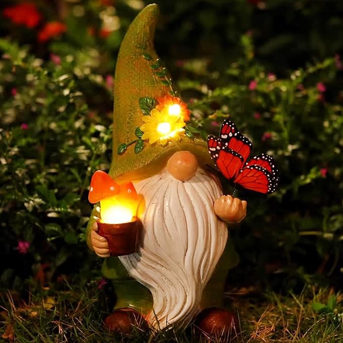 Garden Gnomes Outdoor Garden Decor-Resin Gnome with Solar Outdoor Lights Decorative Mushroom and Vivid Butterfly Spring Gnomes Decorations for Yard Decor,Gardening Gifts for Women
