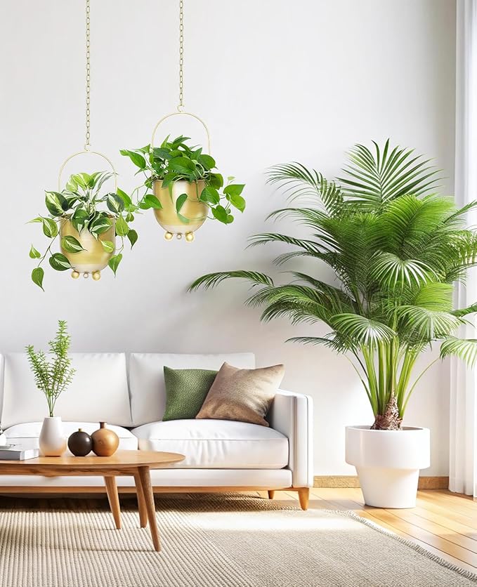 AceList Boho Gold Metal Hanging Planters, Set of 2 with Hooks & Chains - Versatile Wall & Ceiling Window Hanging Planters for Indoor/Outdoor Décor