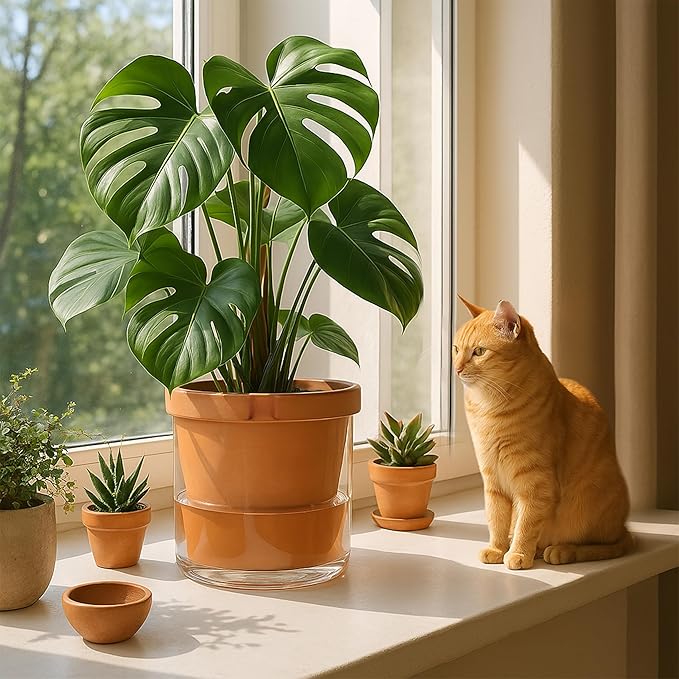 D'vine Dev 10 Inch Design Self Watering Pot for Indoor Plants, Terracotta Planter with Cylinder Glass Cup, 37-X-D-1