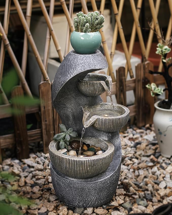 20" H Outdoor Water Fountain, Modern Outdoor Garden Fountains with LED Lighted for Garden, Patio, Deck, Backyard and Home Art Decor