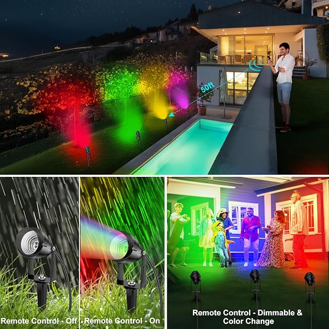 1500LM LED High Brightness Outdoor Landscape Lighting 15W RGBCW Color Changing Landscape Lights Remote Control Spot-Lights with Plug in IP66 Waterproof Flood Light for Garden - 4 Pack