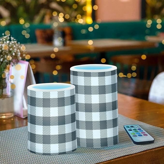 Flickering Flameless Candles, Black White Buffalo Plaid LED Candles with Remote Timer, Set of 2 Battery Operated Candle for Valentine Wedding Birthday