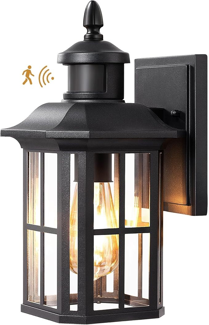 EDISHINE Motion Sensor Outdoor Wall Light, Dusk to Dawn Front Porch Light Fixture, Outdoor Wall Sconce with Clear Glass, Black Exterior Wall Lantern for Door, Garage, Patio, House
