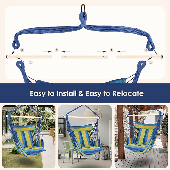Highwild Hammock Chair Hanging Rope Swing - Max 500 Lbs - 2 Cushions Included - Steel Spreader Bar with Anti-Slip Rings - for Any Indoor or Outdoor Spaces (Blue Striped)