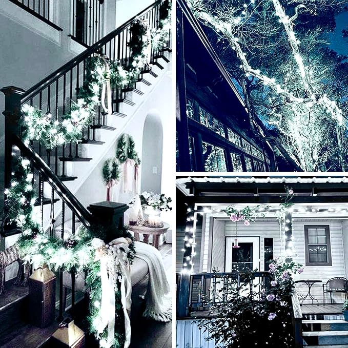 2-Pack 66FT 200 LED Extendable White Christmas String Lights (Green Wire), Christmas Tree Lights with 8 Modes, Indoor Outdoor Plug in Fairy String Lights for Xmas Decor Party Garden (Cool White)