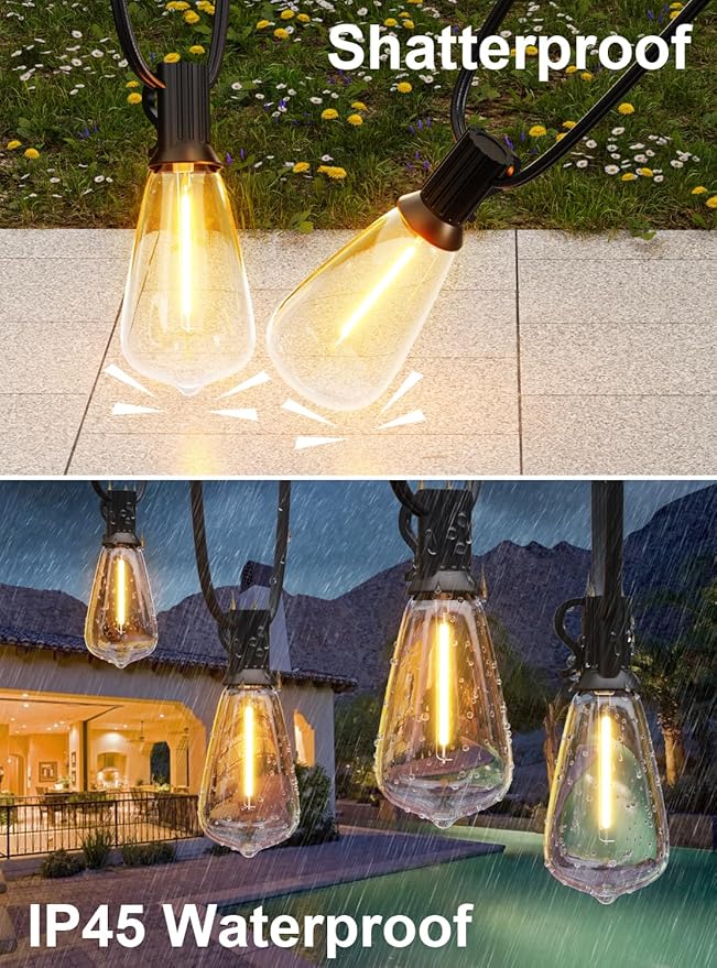 Gpatio 30ft Waterproof Patio Lights With 16 Dimmable Hanging Lights Globe ST38 Bulbs, 2700k Shatterproof Connectable For Backyard Gazebo Porch Garden Commercial Outside Decor