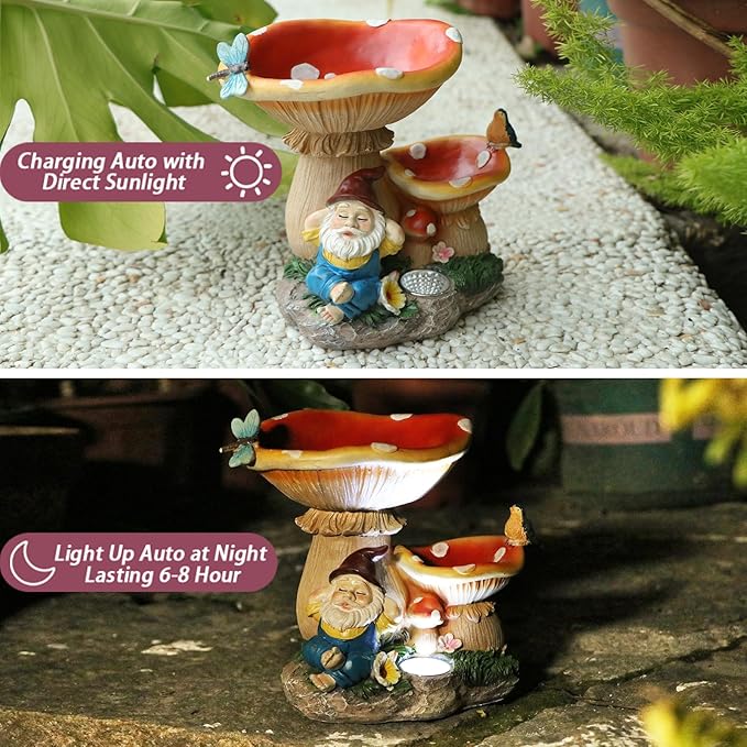 Garden Gnome Statue, Solar Powered Gnome Figurine with Mushroom Decor, Waterproof Resin Lawn Ornamnets for Outdoor Patio Yard Home Tabletop Deocr, Ideal Gifts for Mom