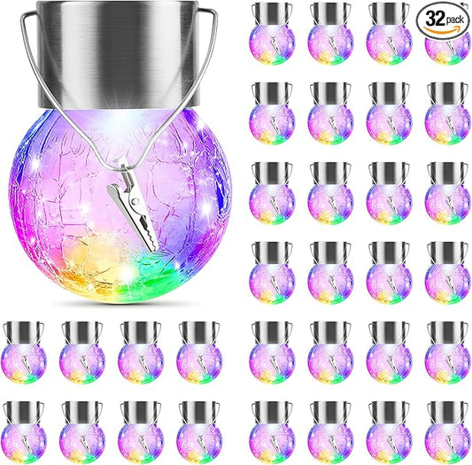 32 Pack Hanging Solar Lights Outdoor Decorative, Waterproof Solar Globe Lantern with Handle and Clip, Solar Powered Cracked Glass Ball Lights for Garden Yard Patio, Fence Tree Umbrella, Holiday Décor