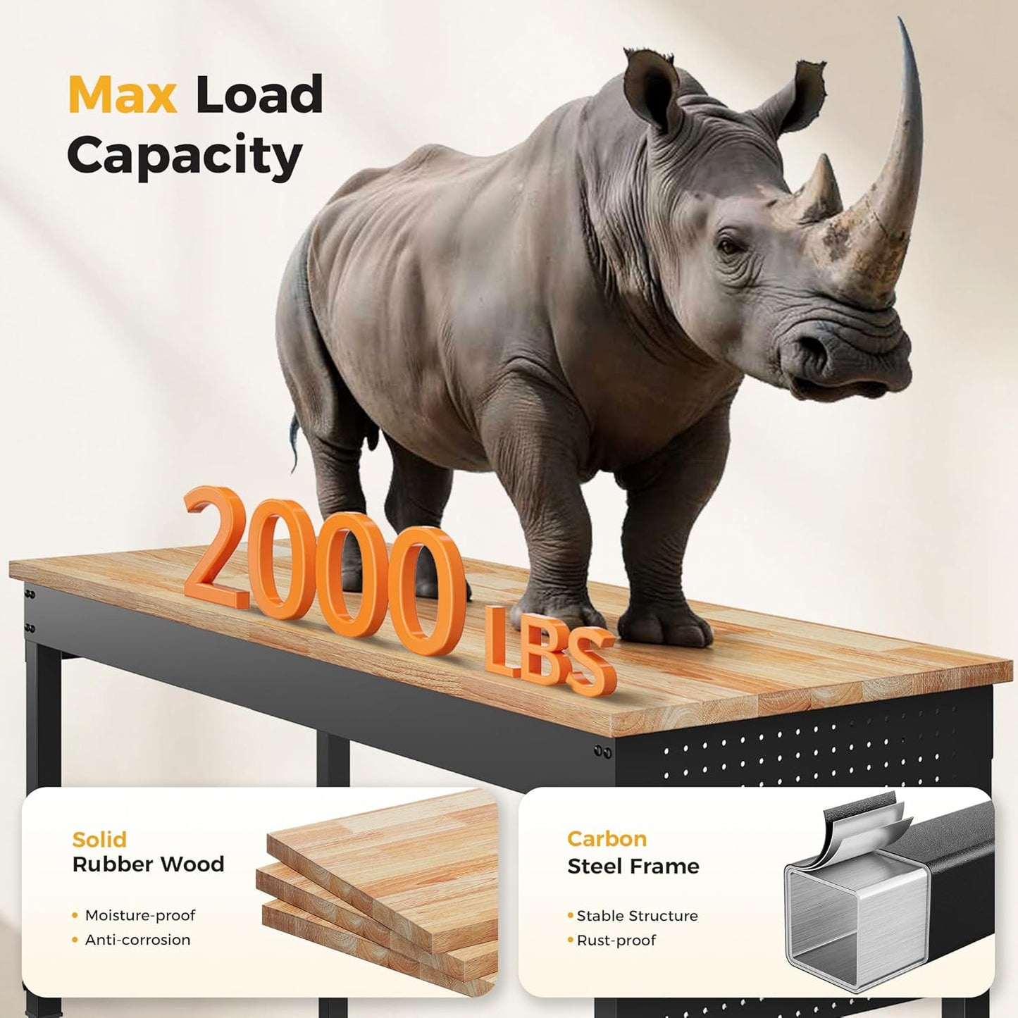 60" Adjustable Heavy Duty Workbench, 2000 LBS Load Capacity Rubber Wood Work Table with Pegboard, Power Outlets, Work Bench for Garage, Workshop, Office, Home, Commercial