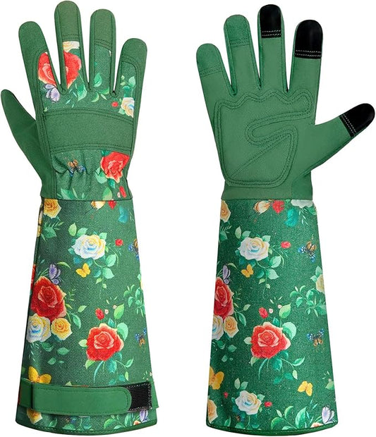 DLY Gardening Gloves,Leather Rose Gloves,Women's Long Gardening Glove for Work and Yard Work,Durable and Comfortable(Medium, Green