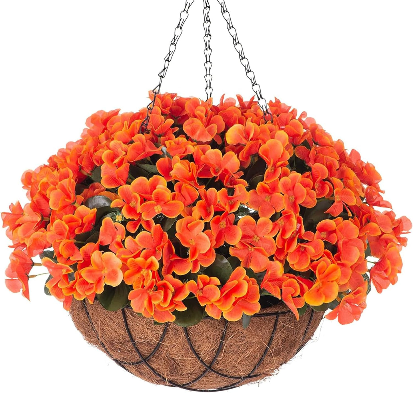 Fall Artificial Flowers with Hanging Basket for Outdoor Indoor, 4 Branches Fake Hydrangea Flowers in Coconut Lining Hanging Basket Home Courtyard Spring Summer Decor(Orange)