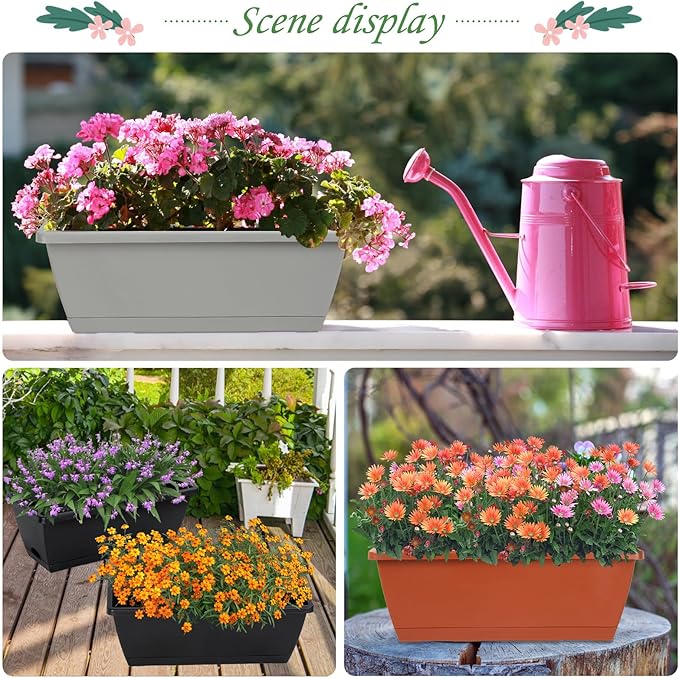 12Pcs 17Inches Rectangle Planter Box with Drainage Holes and Trays Plastic Planters Flower Boxes Pots for Indoor Outdoor Plants Patio Garden Home Decor Porch Yard (Gray)