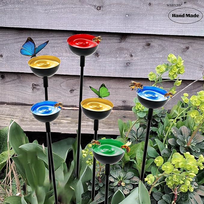 4 Pack Bee Cups For Garden, Bee Waterer And Butterfly Water Stations, Bee Water Catcher Cups For Thirsty Pollinators, Bee Bath, Colorful Metal Garden Sculpture Stakes Decor, Bee Houses For The Garden