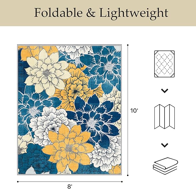 GENIMO Indoor Outdoor Area Rug 8' X 10' Waterproof, Washable Patio Rug Non Shedding, Easy Cleaning Floral Outdoor Carpet for Living Room, Bedroom, Dining Room, Balcony, Backyard, Deck, RV, Blue