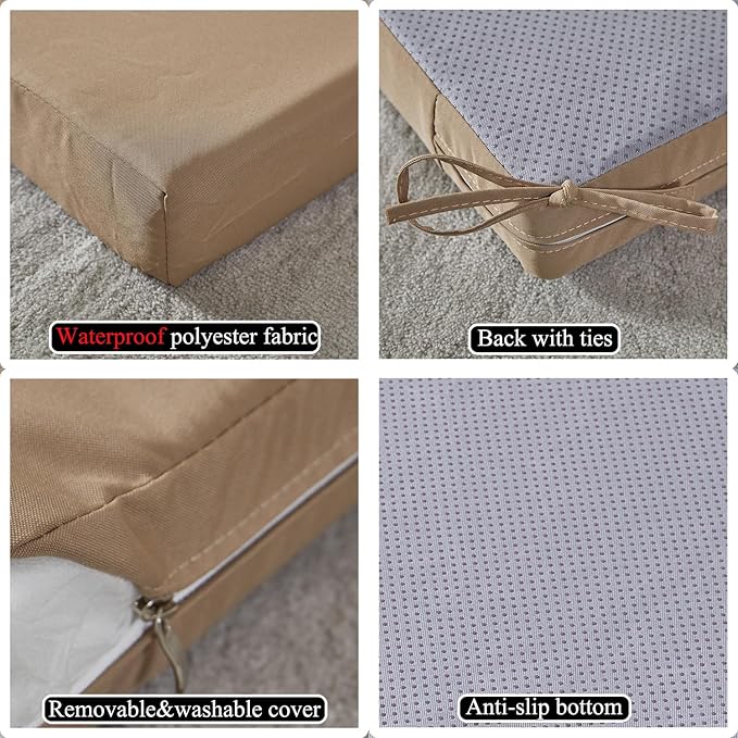 18 x 18 Inch Outdoor Chair Cushions for Patio Furniture, UV Resistant Non Slip Waterproof Replacement Patio Seat Cushion with Ties Set of 2, Khaki