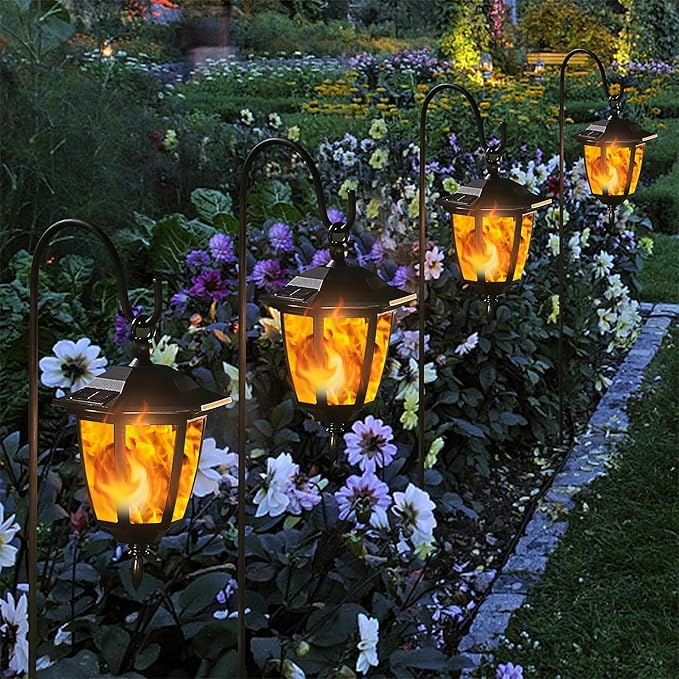 Dynaming 4 Pack Solar Flame Hanging Lights Outdoor, Solar Flickering Flame LED Garden Lanterns with 4 x 38 Inch Shepherd Hooks, Landscape Lighting Waterproof for Lawn Patio Yard Pathway Driveway