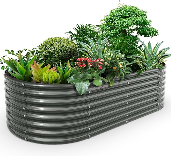 A ANLEOLIFE 8x4x2ft Galvanized Raised Garden Bed Kit, Oval Metal Deep Root Planters for Outdoor Plants Vegetables Flowers Herb, Large Bottomless, 478 Gallon Capacity- Quartz Grey