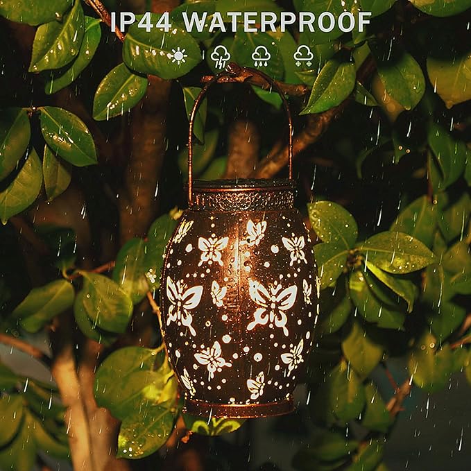 2 Pack Solar Lantern Butterfly Solar Outdoor Waterproof Hanging Metal Solar Powered Patio Lanterns Garden Solar Lights Outdoor Decorative Gifts for Women