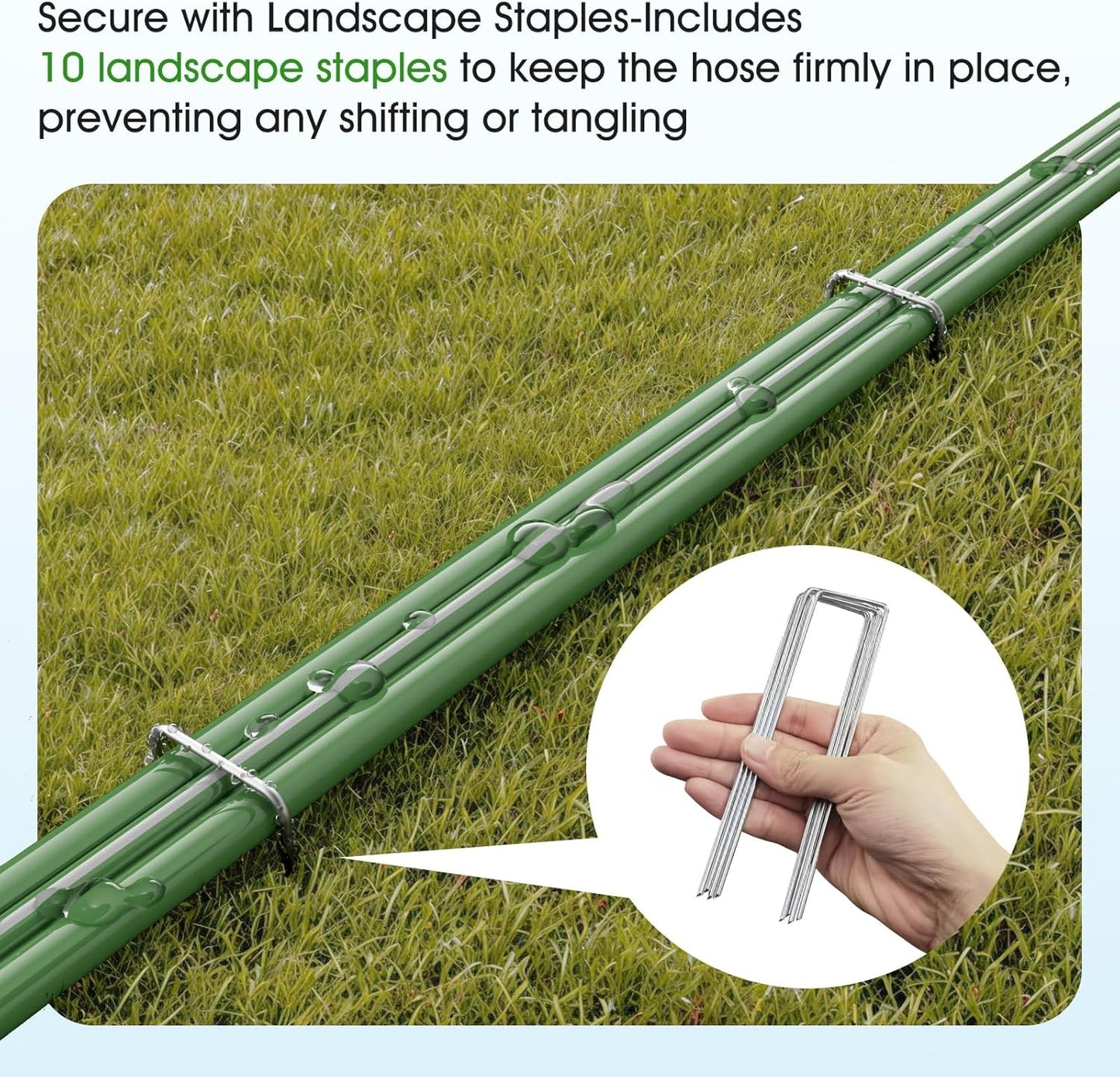 50 FT Sprinkler Soaker Hose for Garden Lawn, Durable Flat Water Hose with 10 Stakes, Water-Saving Irrigation Tubing with Multi-Directional Spray (Up to 8 FT Range)