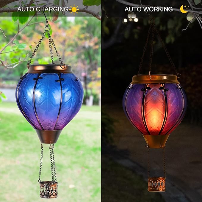 Hot Air Balloon Solar Lantern with Flickering Flame Hanging Solar Lights Outdoor Waterproof Lanterns for Garden Patio Yard Party Decoration Blue&Pink