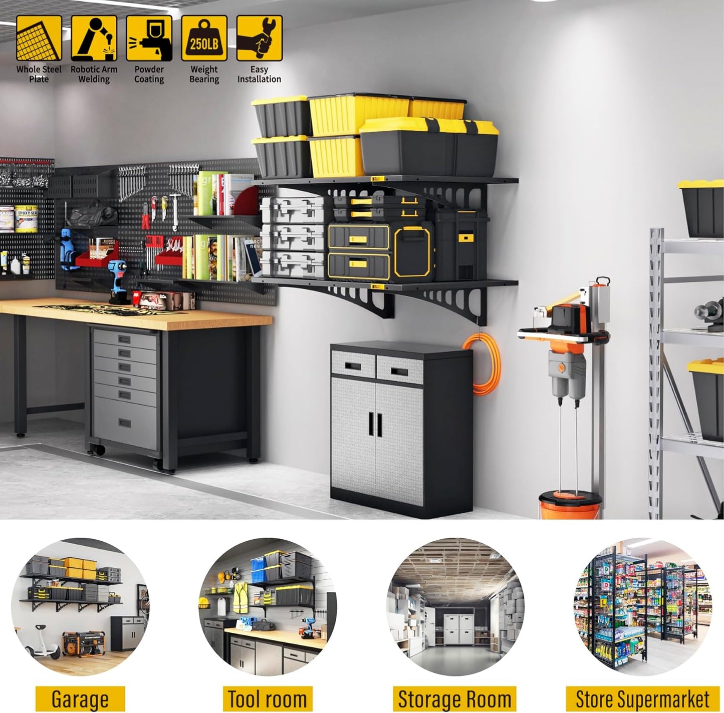 2x3ft Adjustable Rail Wall Garage Storage Shelf, for Tool Room, Storage Room, Store Supermarket Wall Storage Shelving Rack (2 Pack-Black)