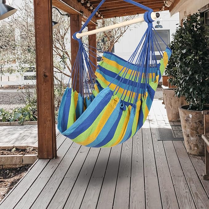Highwild Hammock Chair Hanging Rope Swing - Max 500 Lbs - Steel Spreader Bar with Anti-Slip Rings - for Any Indoor or Outdoor Spaces (Blue Striped)