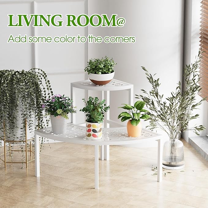 aboxoo 2 Tier Plant Stand Flower Pot Rack for Patio,Heavy Duty Metal Stair-Step Style Corner Shelf Planters, Quarter Round Display Holder for Indoor Outdoor Use(White, Semicircle)