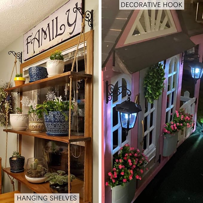 2 Pieces 8-Inch Outdoor Decorative Iron Wall Hooks for Hanging Lanterns Indoor Plants Hummingbird Feeders, Black