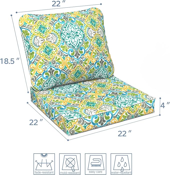 LVTXIII Outdoor Deep Seat Cushion 22"x22"x4" Patio Seat and Back Cushion Set Seasonal Chair Cushion for Dining Arm Chairs, Wicker Chairs and Garden Furniture Decoration, Damask Green