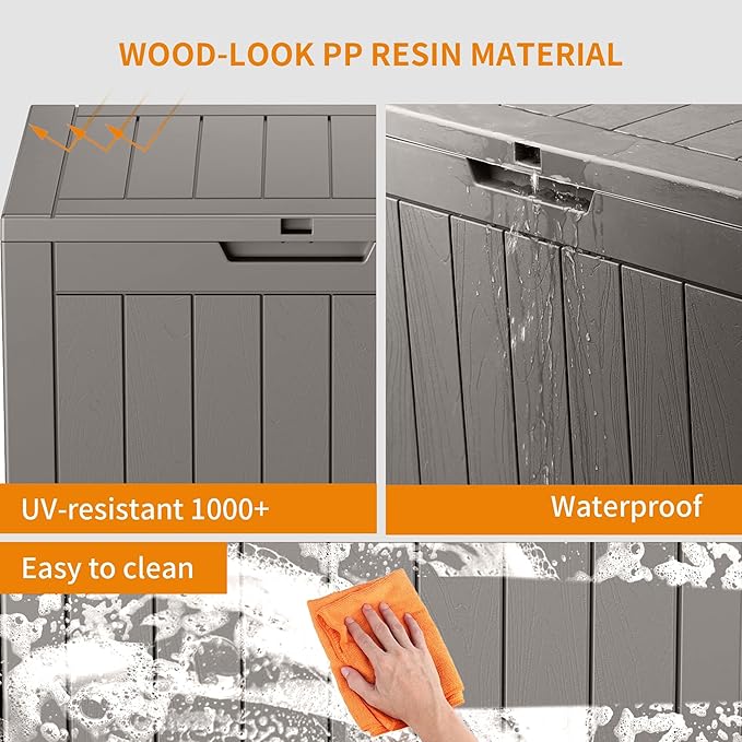 31 Gallon Resin Deck Box, Lockable Patio Outdoor Storage Box for Furniture, Garden Tools and Tools Storage, Waterproof Outside Storage Boxes - Grey