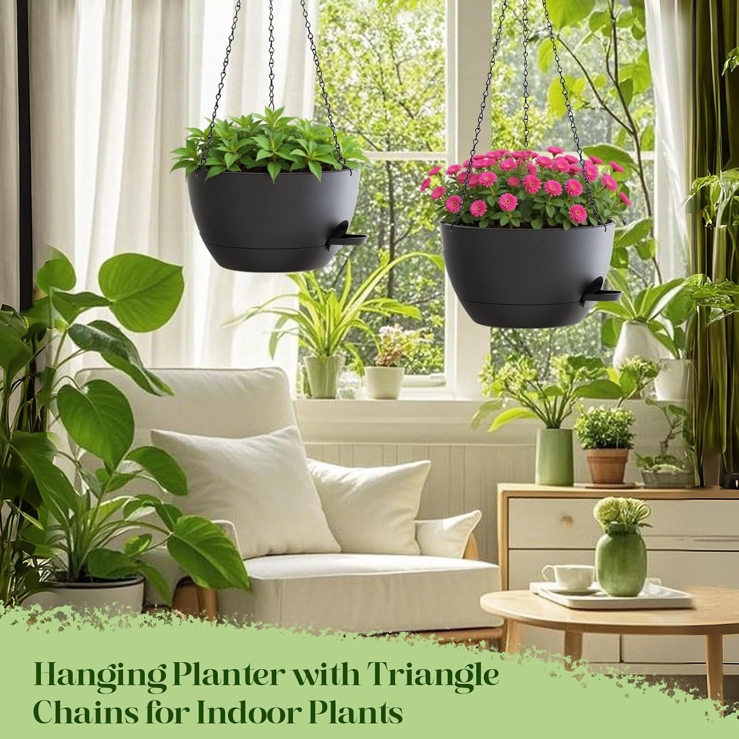 10 Inch Hanging Planters with Chains 2 Pack Self Watering Black Plastic Hanging Pots for Indoor Outdoor Plants, Garden Porch Home Decor (Black)