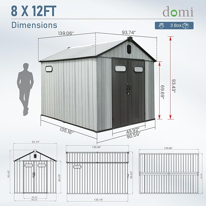 Domi 8x12 FT Outdoor Resin Storage Shed, All-Weather Double-Wall Storage Building for Backyard, Garden, Lawn Tools, Mower, Bike & Pool Equipment, Lockable Doors, Ventilated Roof, Grey