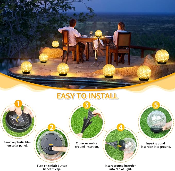 2-Pack Garden Solar Lights Outdoor, Cracked Glass Ball Light Waterproof, Decorative Solar Globe Lights Warm White for Yard Pathway Patio Lawn